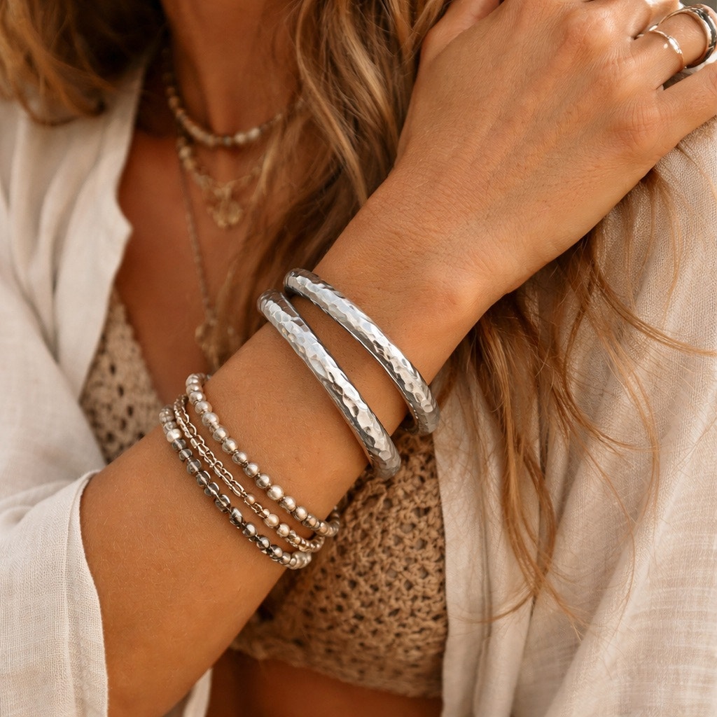 Two Thick Hammered Sterling Silver Heavy Duty Bangle Bracelets